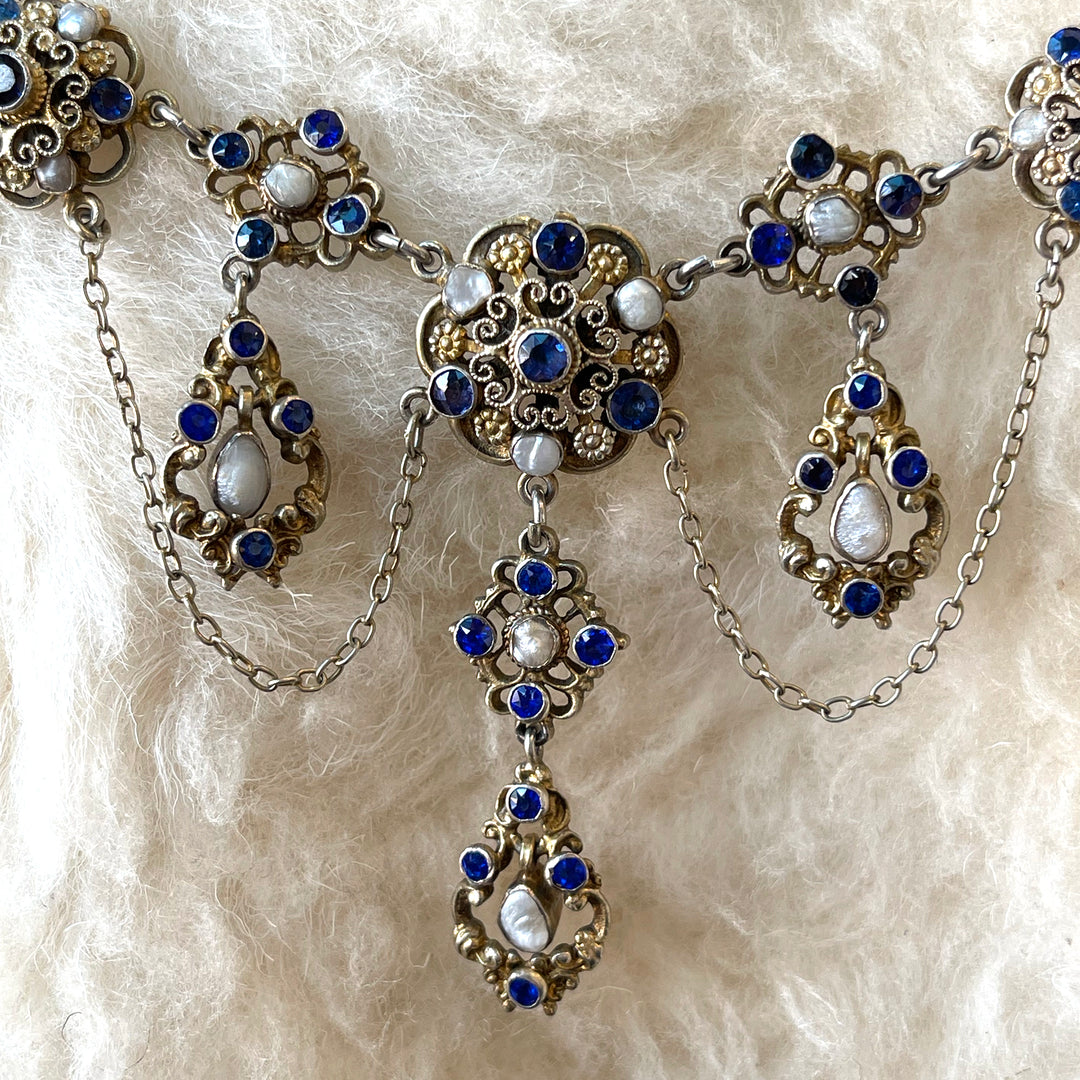 Antique Austro-Hungarian Necklace Blue Paste and Pearl Silver Gilt