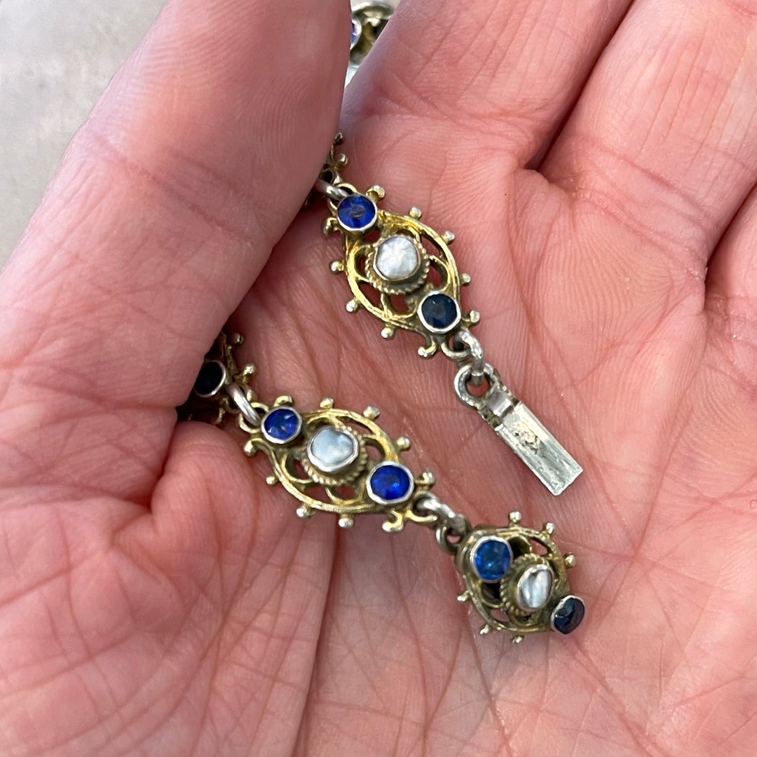 Antique Austro-Hungarian Necklace Blue Paste and Pearl Silver Gilt