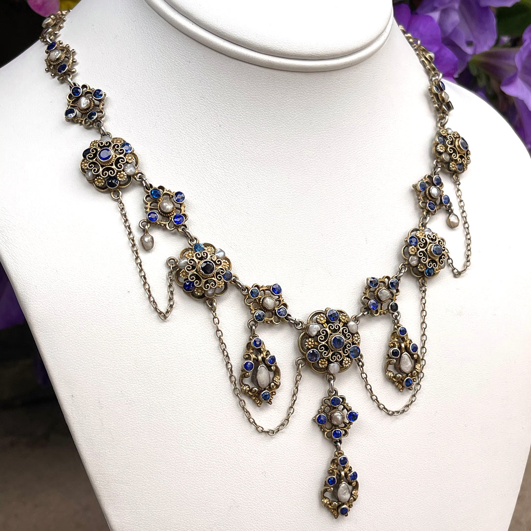 Antique Austro-Hungarian Necklace Blue Paste and Pearl Silver Gilt