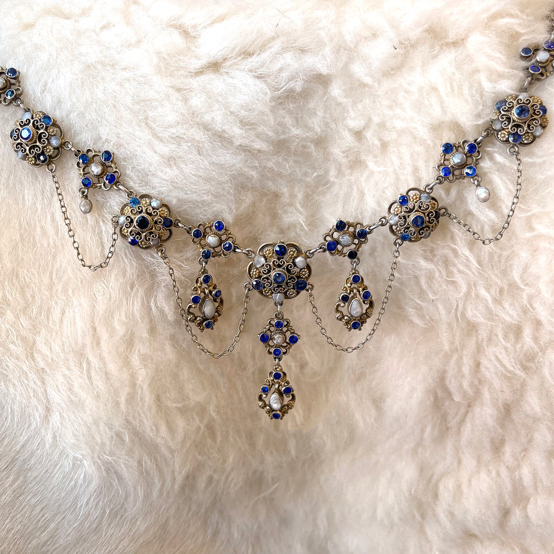 Antique Austro-Hungarian Necklace Blue Paste and Pearl Silver Gilt