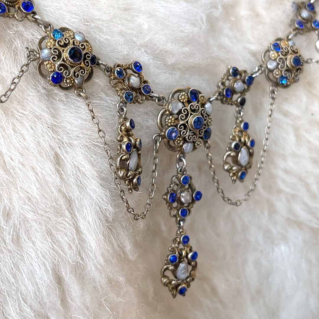 Antique Austro-Hungarian Necklace Blue Paste and Pearl Silver Gilt