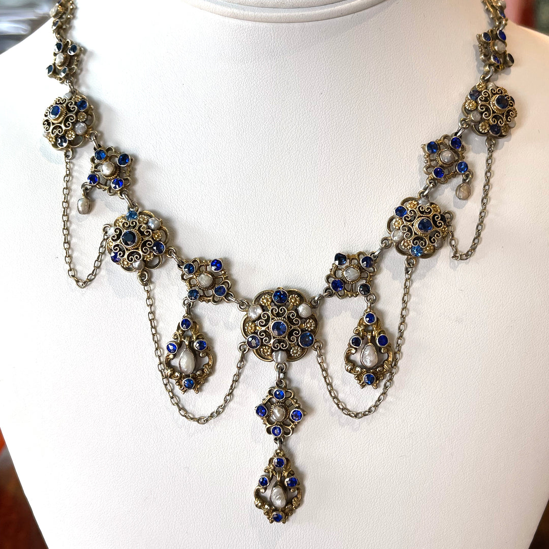 Antique Austro-Hungarian Necklace Blue Paste and Pearl Silver Gilt