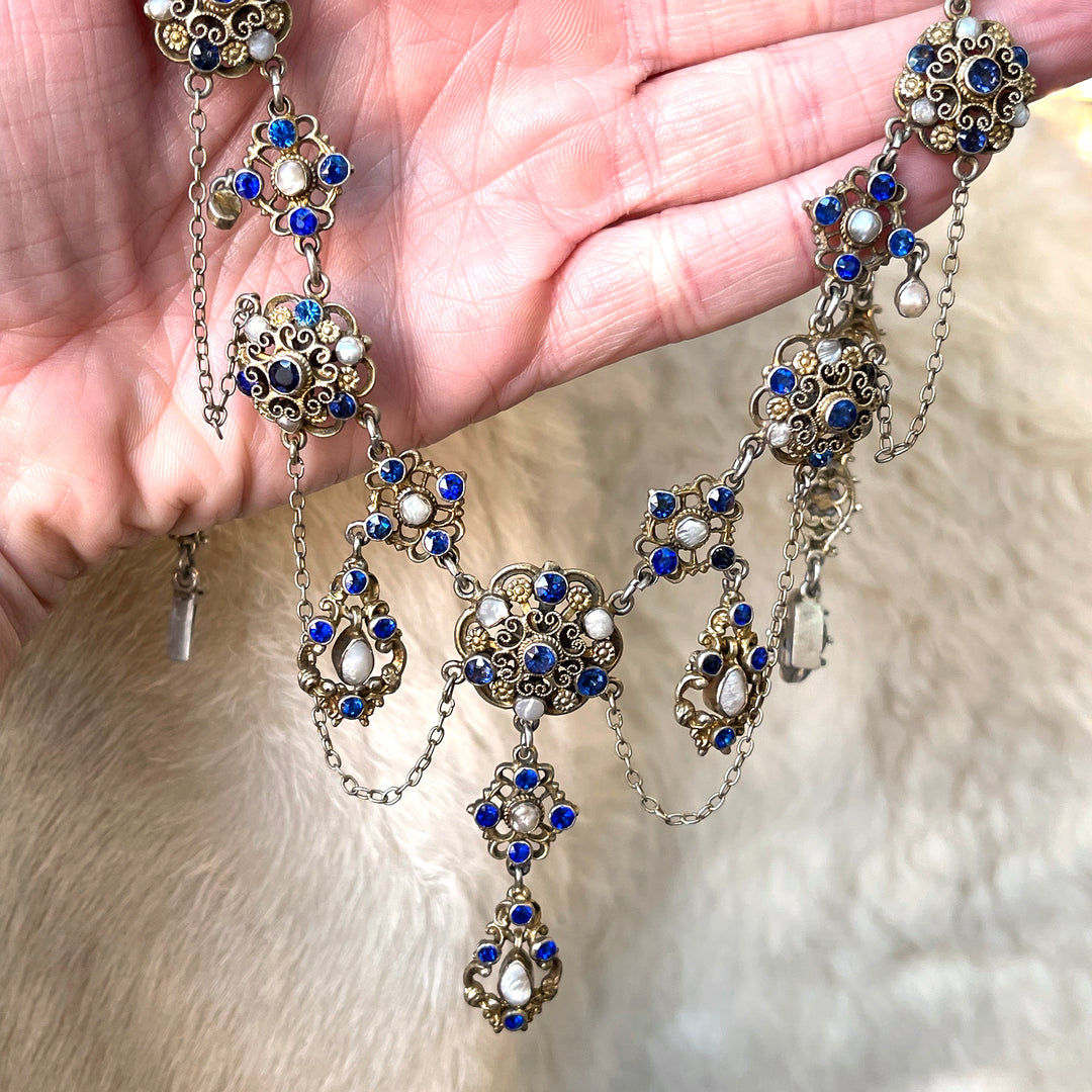 Antique Austro-Hungarian Necklace Blue Paste and Pearl Silver Gilt