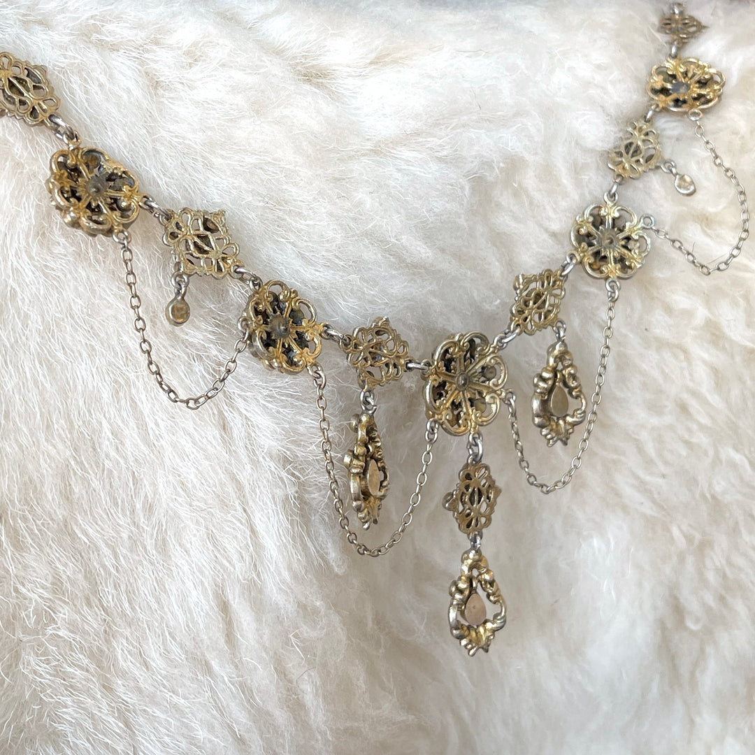 Antique Austro-Hungarian Necklace Blue Paste and Pearl Silver Gilt