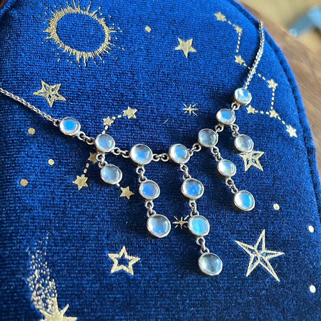 Antique Edwardian Silver Moonstone Drop Necklace, c. 1910