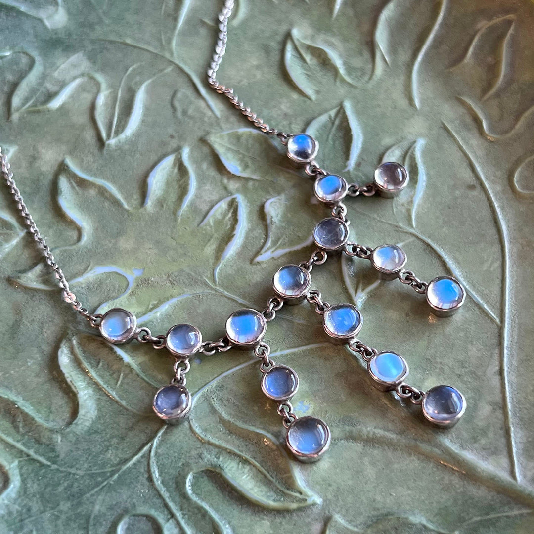 Antique Edwardian Silver Moonstone Drop Necklace, c. 1910