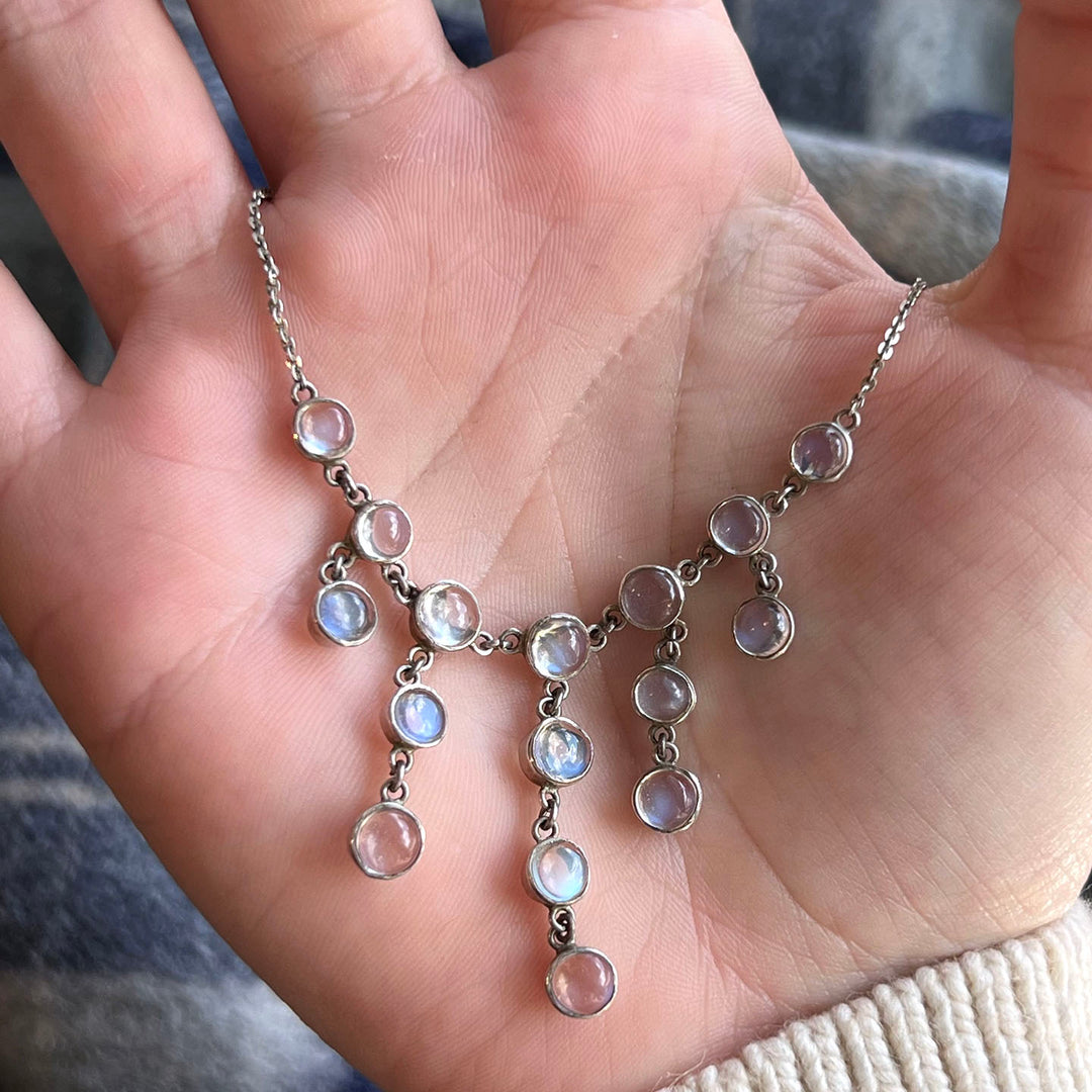 Antique Edwardian Silver Moonstone Drop Necklace, c. 1910