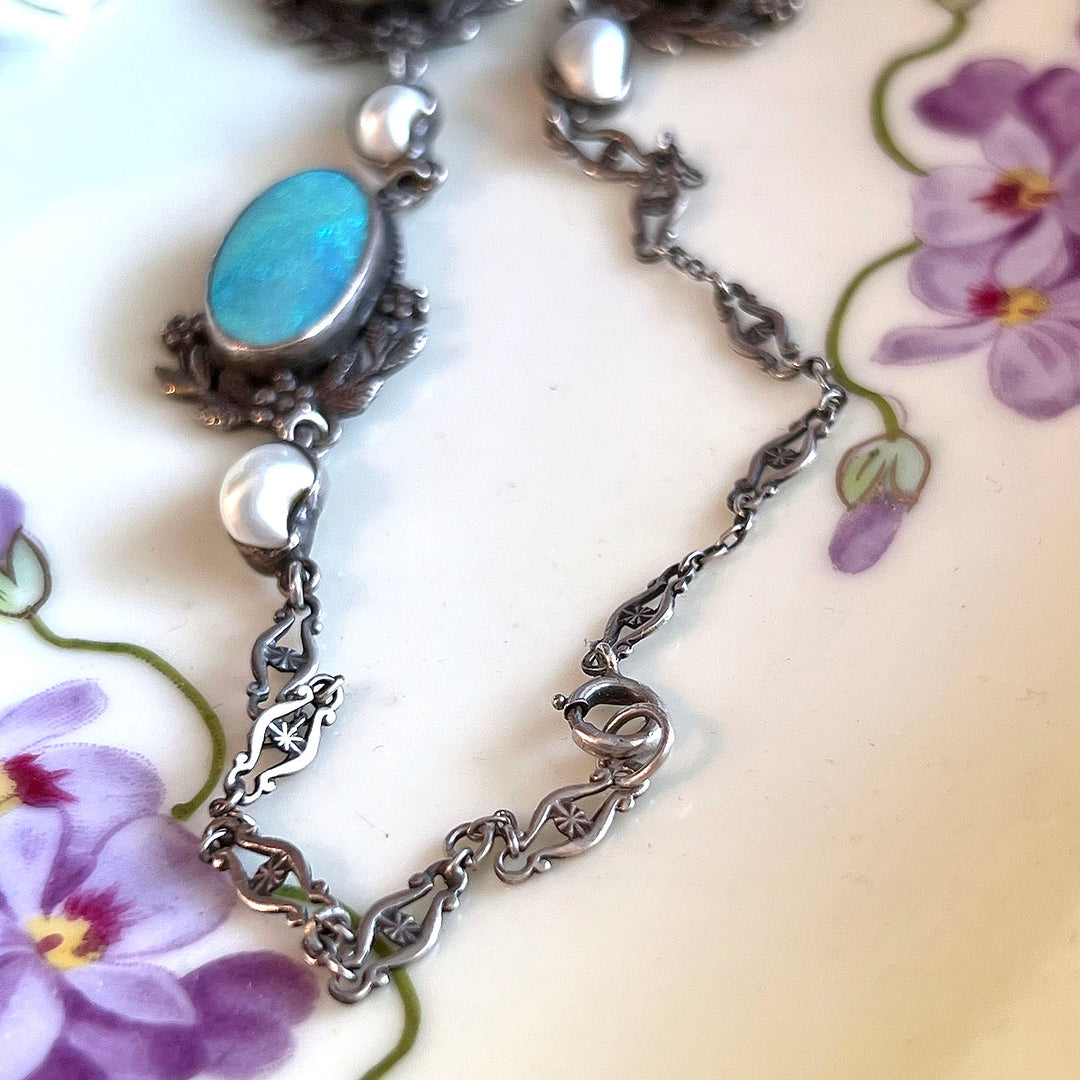 Antique Edwardian Silver Opal Pearl Necklace Silver c. 1910