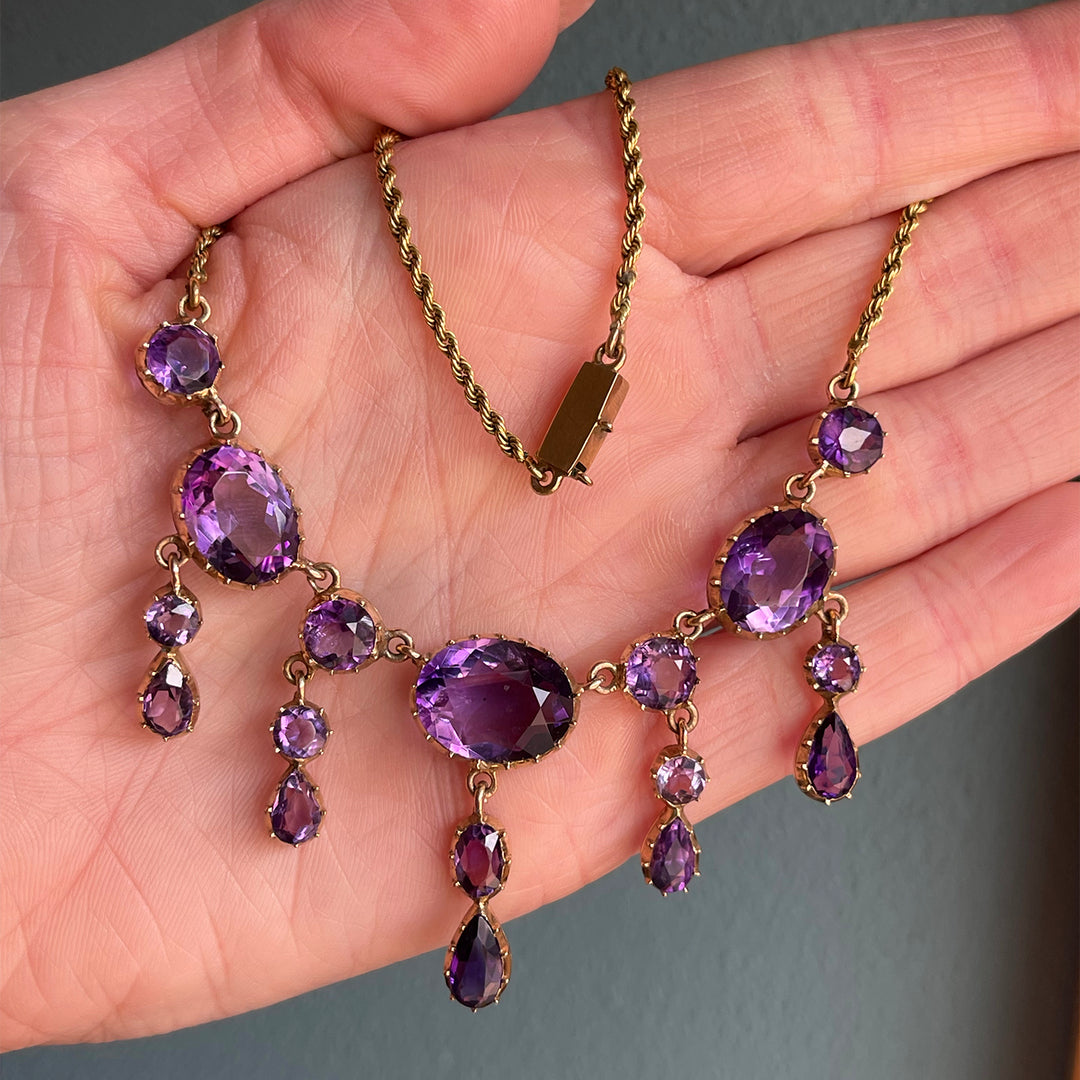 Victorian 14K Gold Amethyst Necklace with 17 Stones, Circa 1890