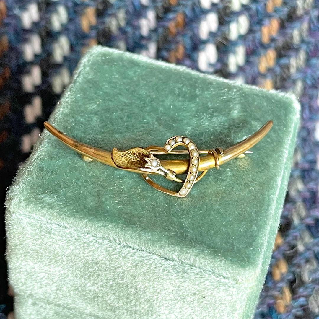 Antique Gold Pearl Crescent Brooch Pin, Heart, and Lily