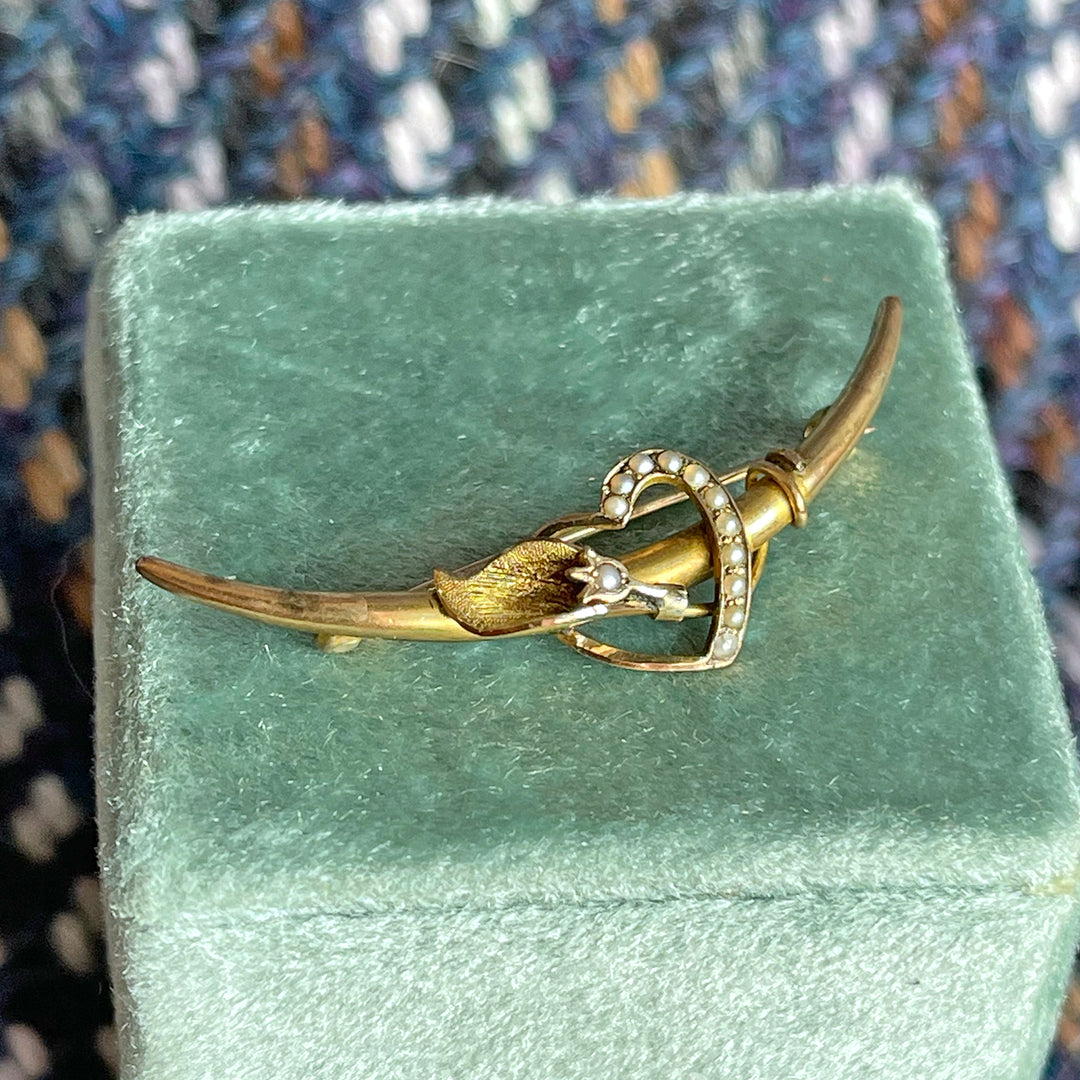 Antique Gold Pearl Crescent Brooch Pin, Heart, and Lily