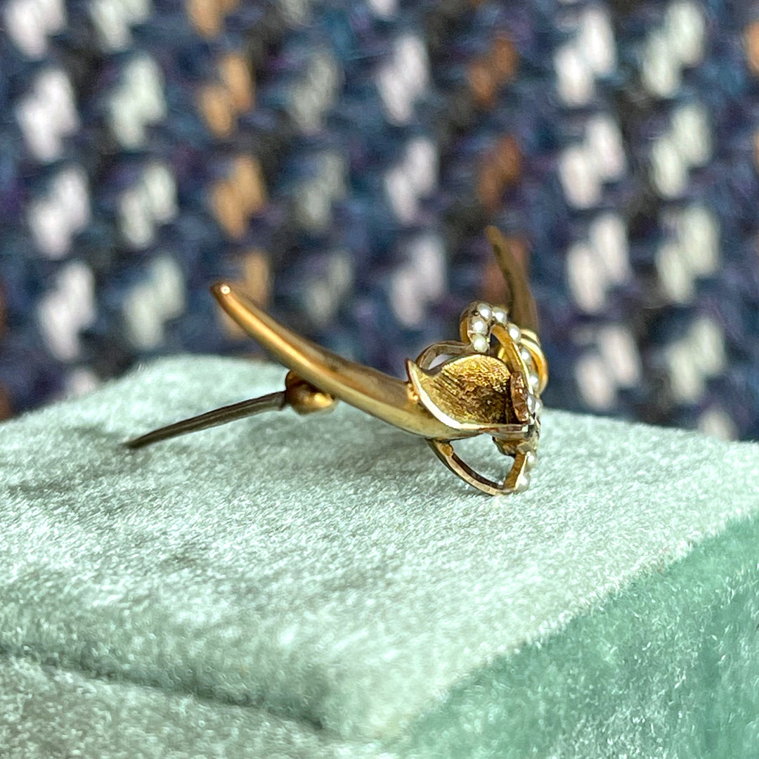 Antique Gold Pearl Crescent Brooch Pin, Heart, and Lily