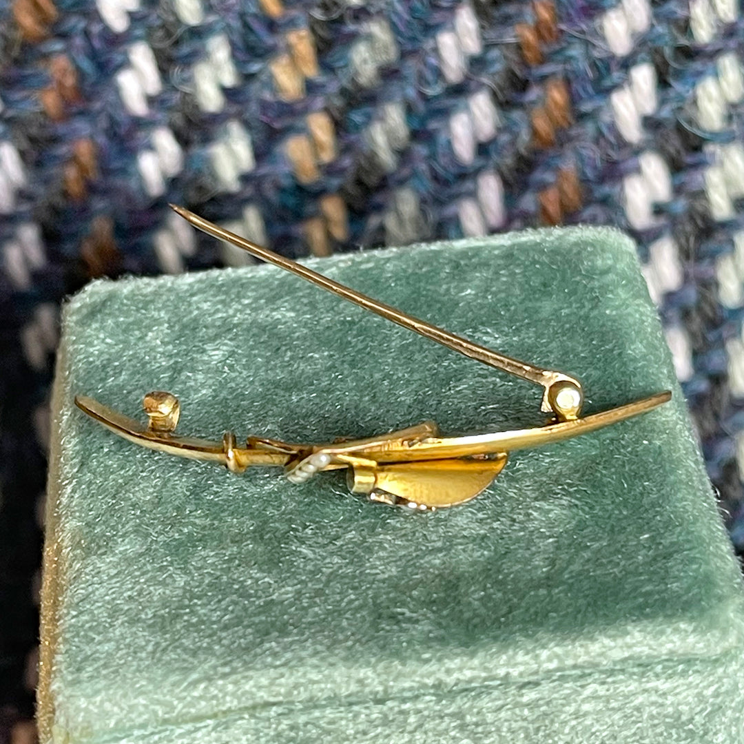 Antique Gold Pearl Crescent Brooch Pin, Heart, and Lily