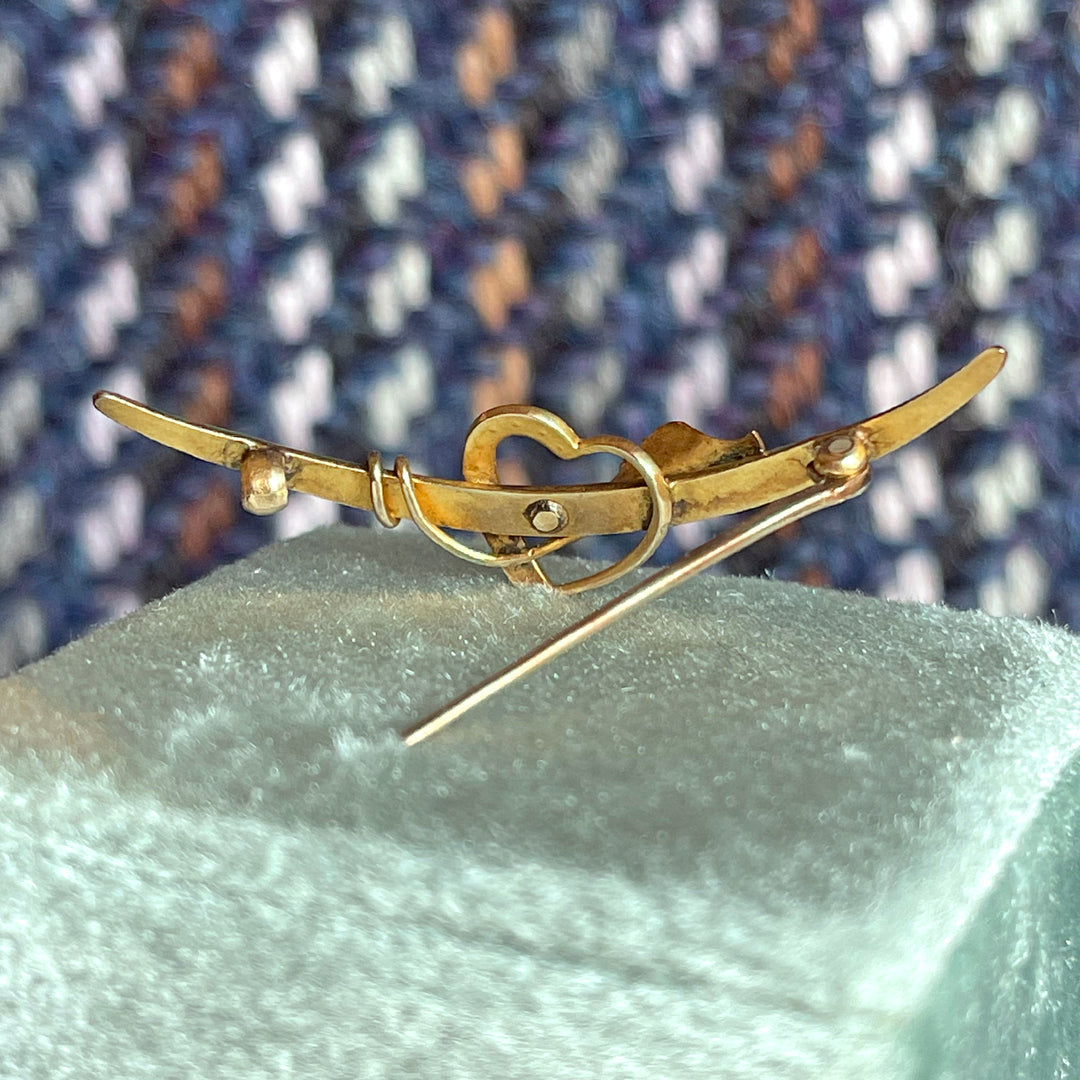 Antique Gold Pearl Crescent Brooch Pin, Heart, and Lily