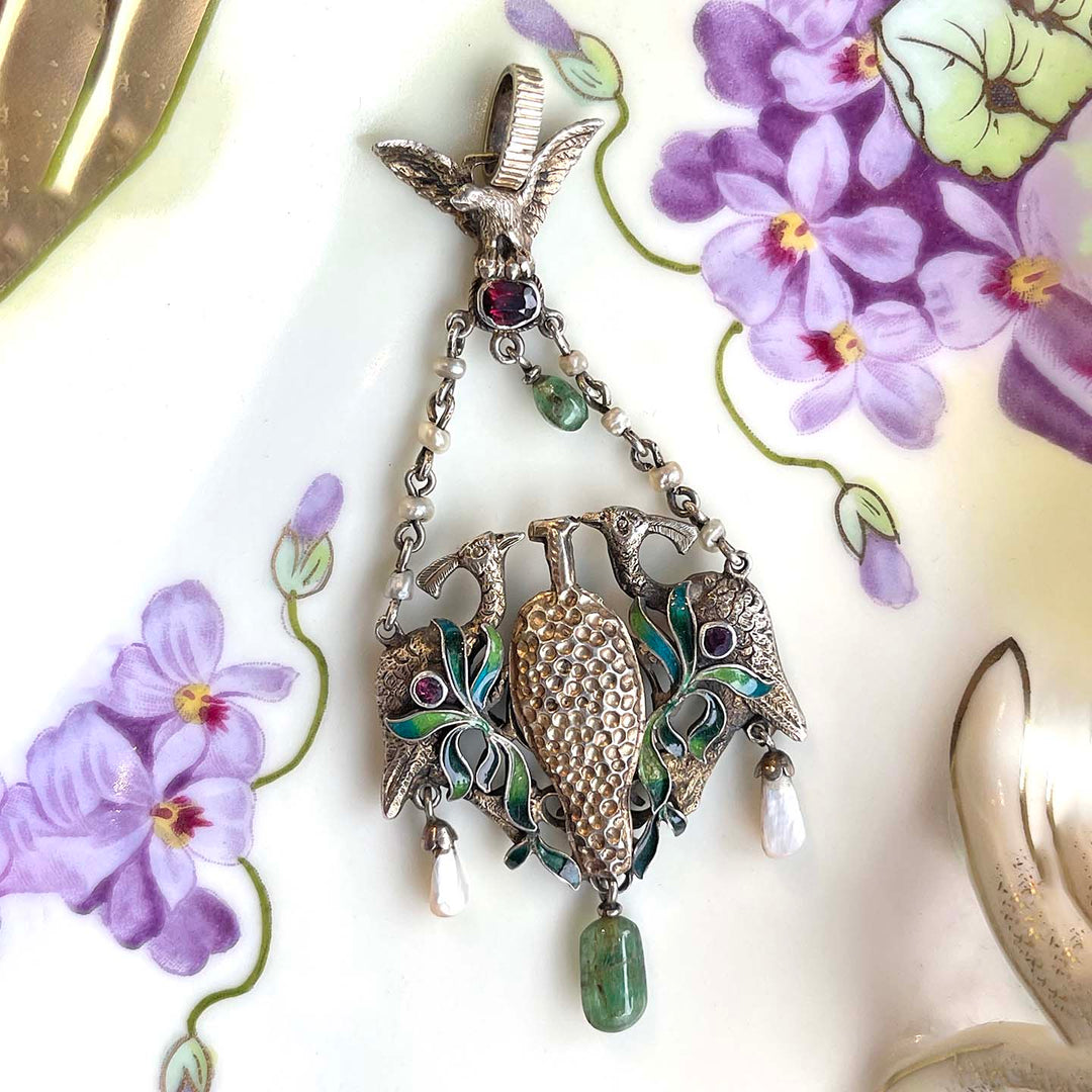 Vibrant Austro Hungarian Enameled Peacock with Rubies, Emeralds and Pearl