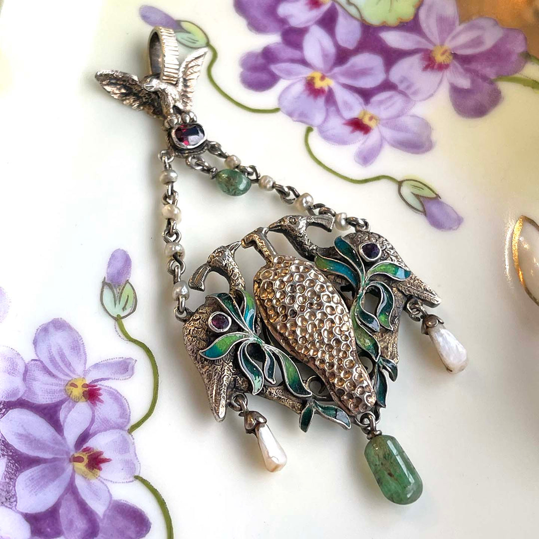 Vibrant Austro Hungarian Enameled Peacock with Rubies, Emeralds and Pearl