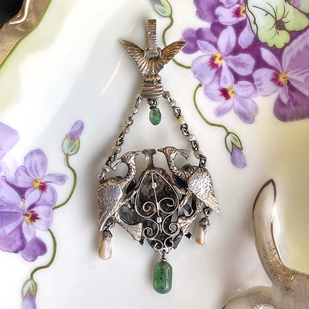 Vibrant Austro Hungarian Enameled Peacock with Rubies, Emeralds and Pearl