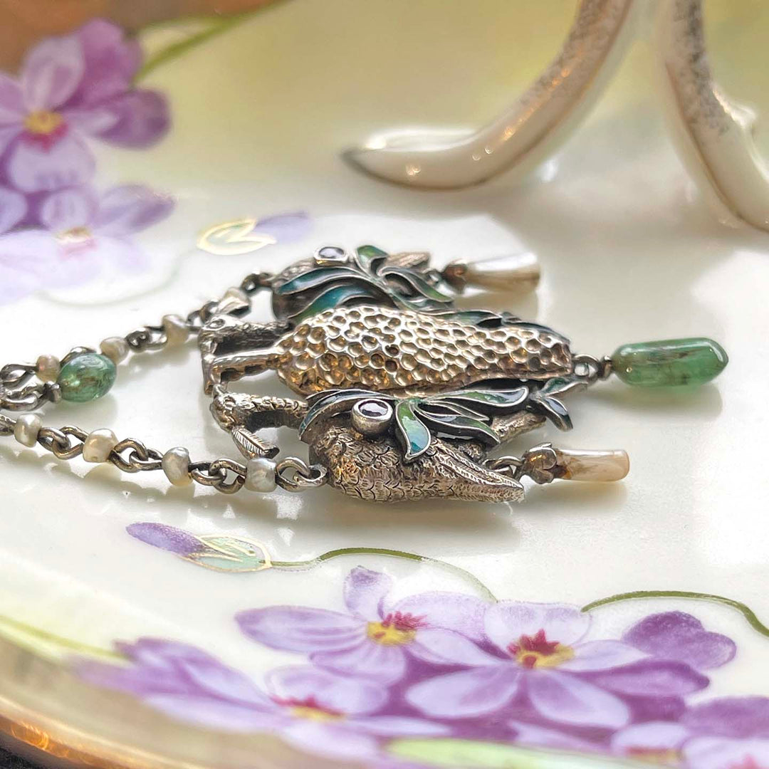 Vibrant Austro Hungarian Enameled Peacock with Rubies, Emeralds and Pearl