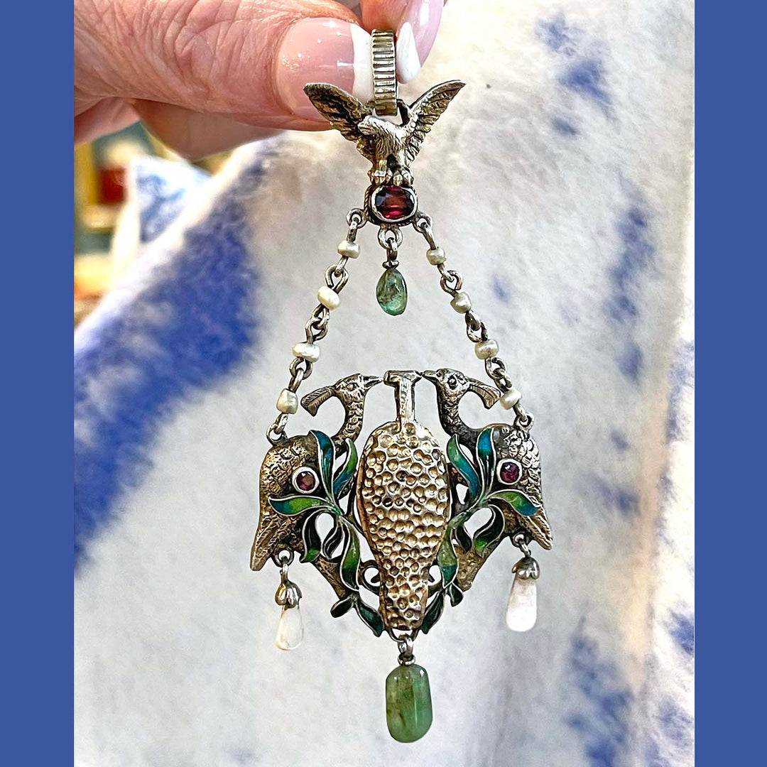 Vibrant Austro Hungarian Enameled Peacock with Rubies, Emeralds and Pearl