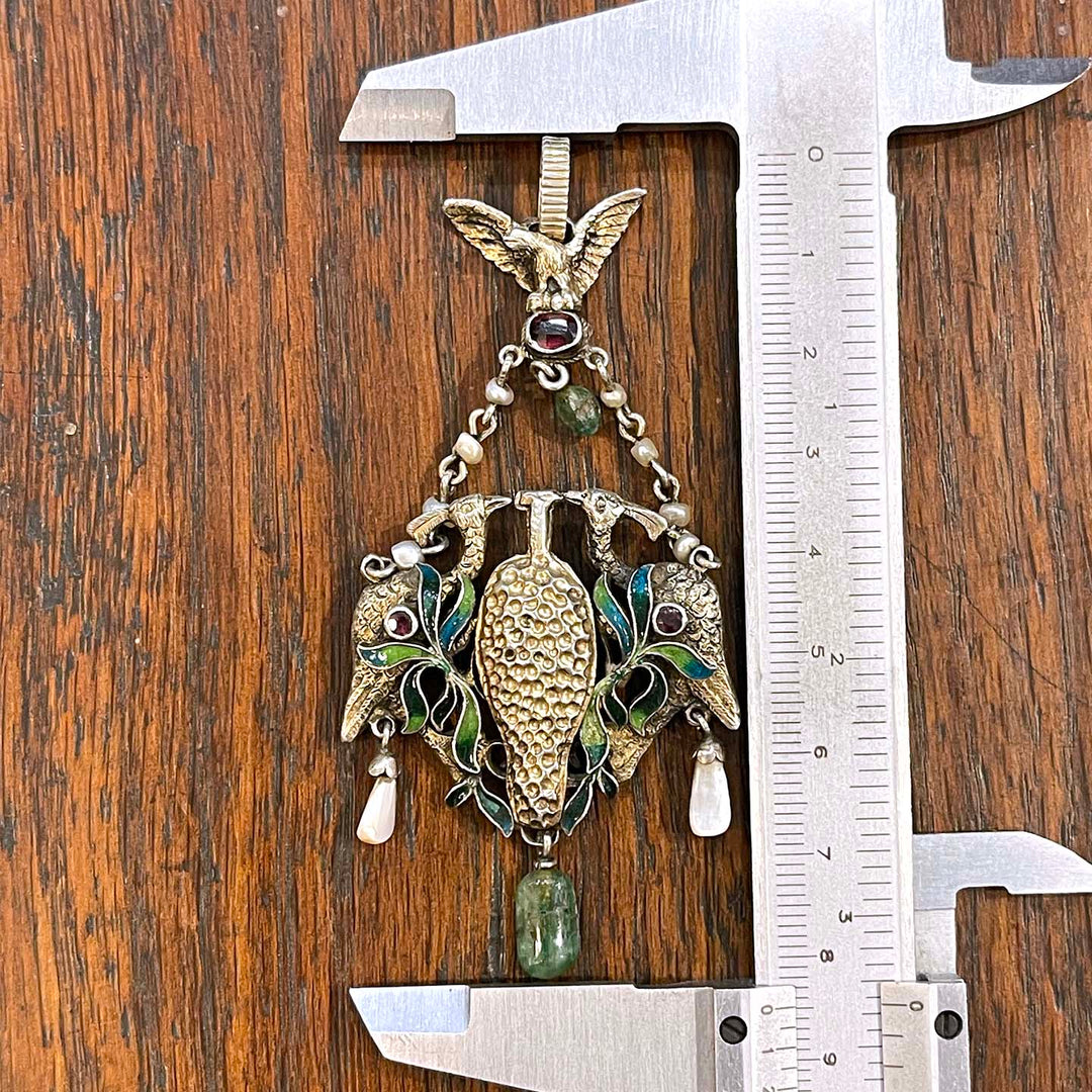 Vibrant Austro Hungarian Enameled Peacock with Rubies, Emeralds and Pearl