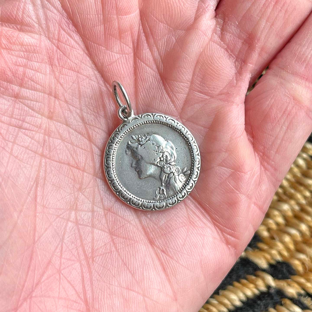 Antique Art Nouveau Silver Pendant Woman in Profile