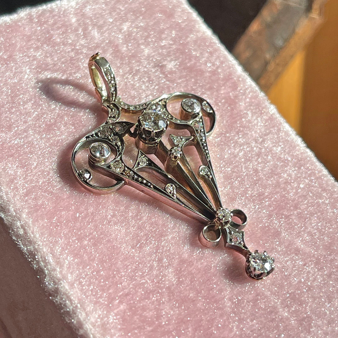 Edwardian Art Nouveau Diamond Pendant in 18K Gold and Silver