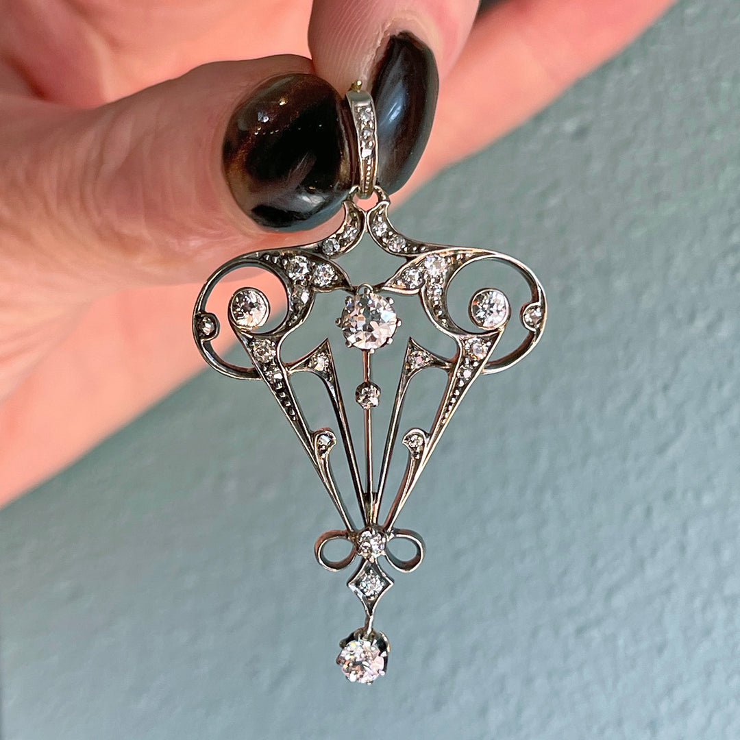 Edwardian Art Nouveau Diamond Pendant in 18K Gold and Silver