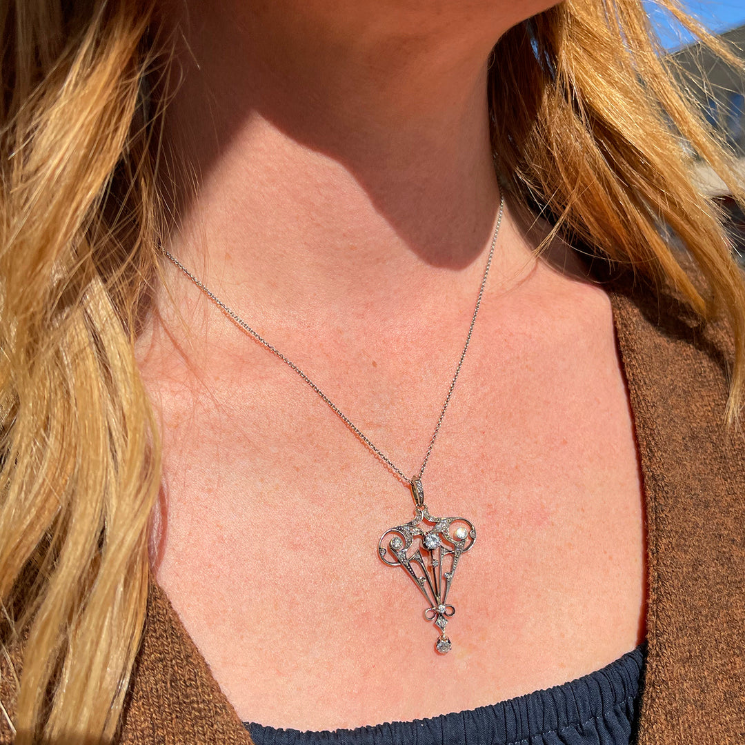 Edwardian Art Nouveau Diamond Pendant in 18K Gold and Silver