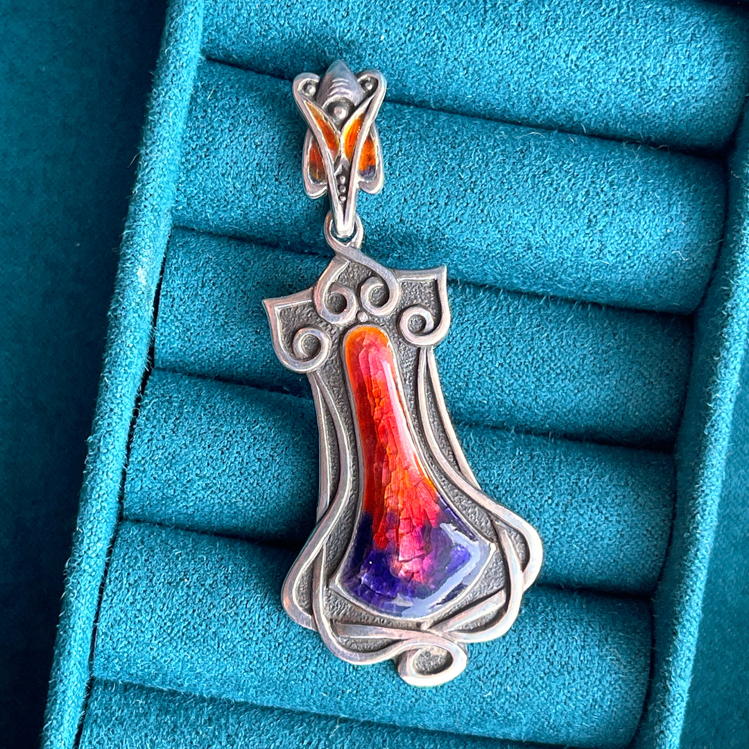 Fiery Arts and Crafts Enamel Pendant in Silver, Circa 1910, England