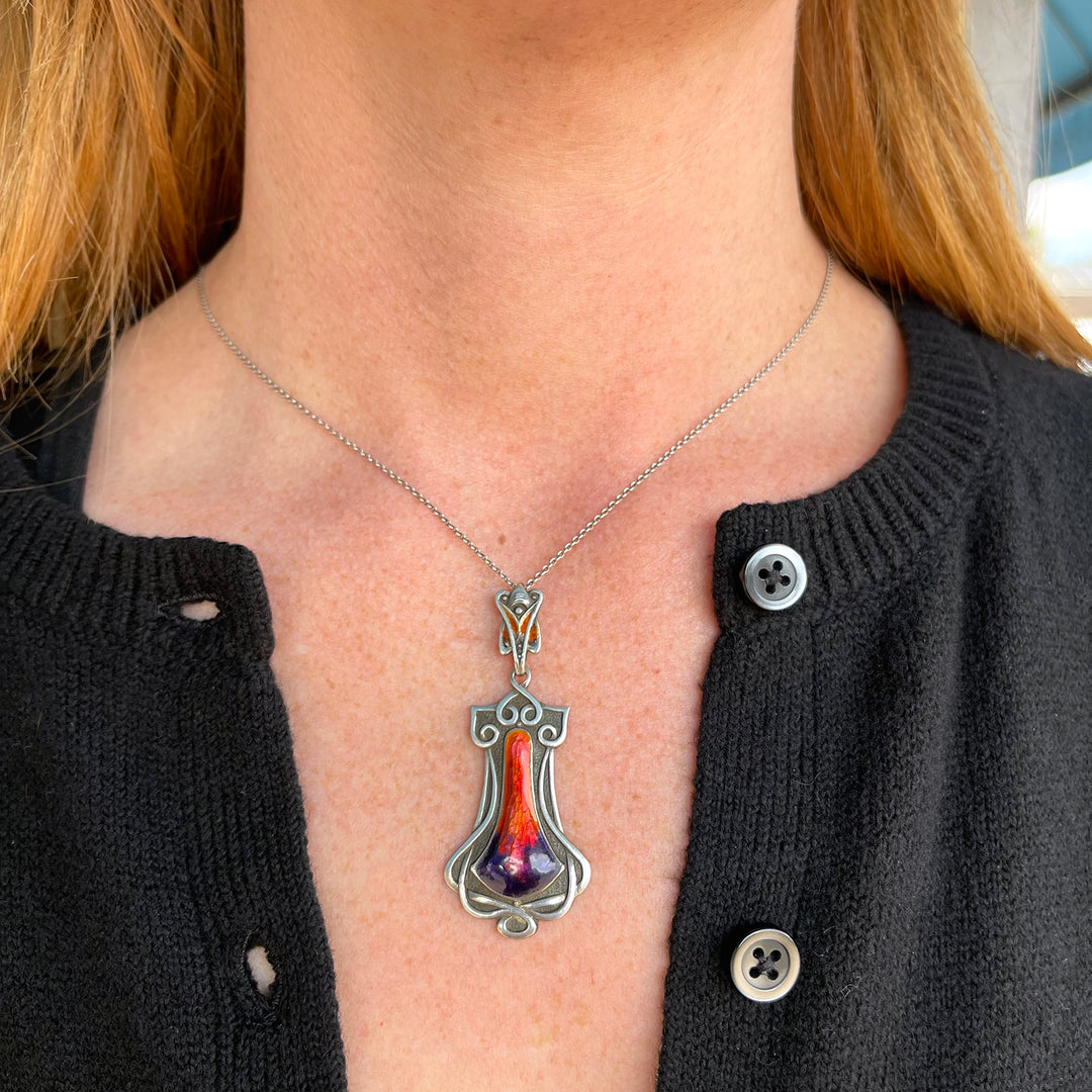 Fiery Arts and Crafts Enamel Pendant in Silver, Circa 1910, England
