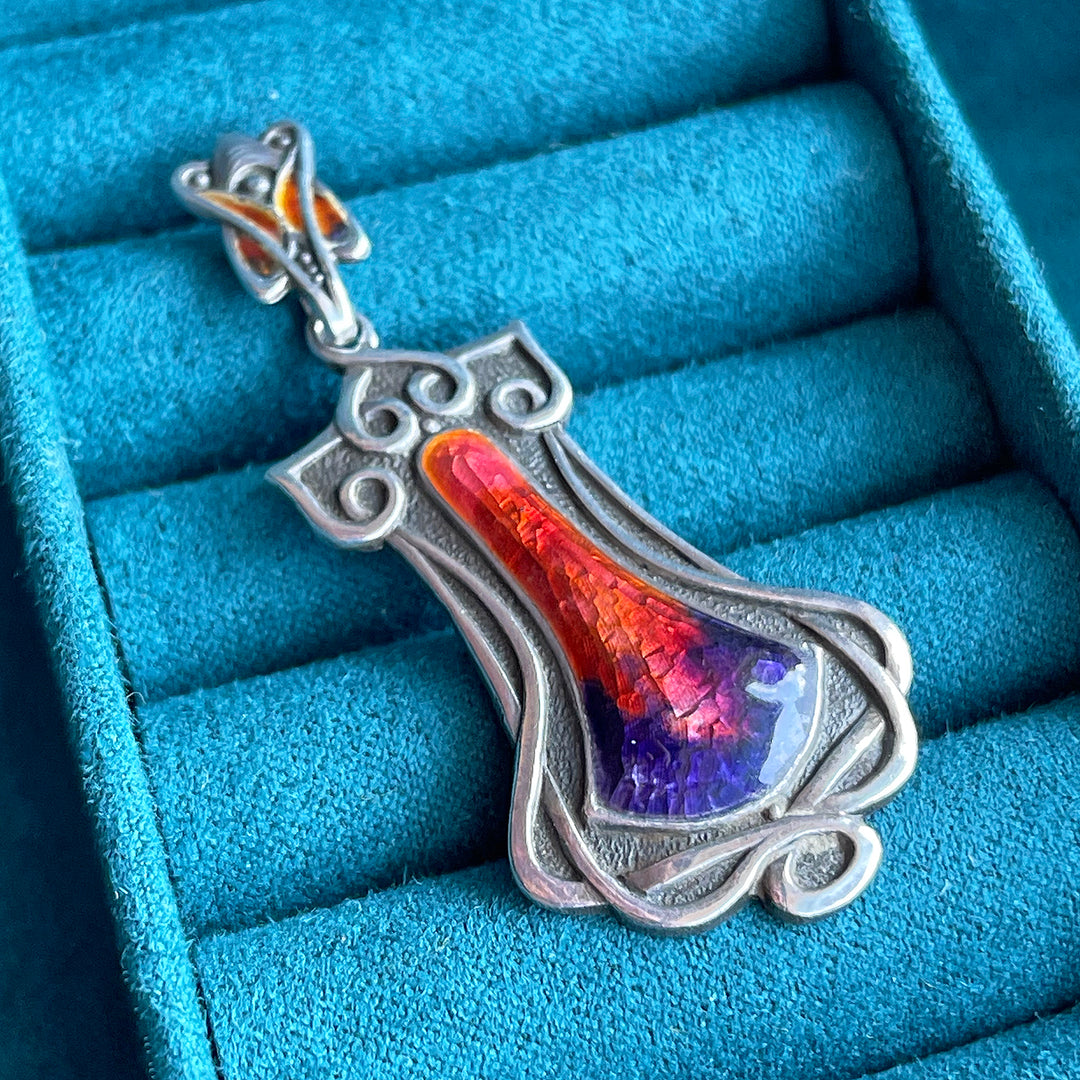 Fiery Arts and Crafts Enamel Pendant in Silver, Circa 1910, England