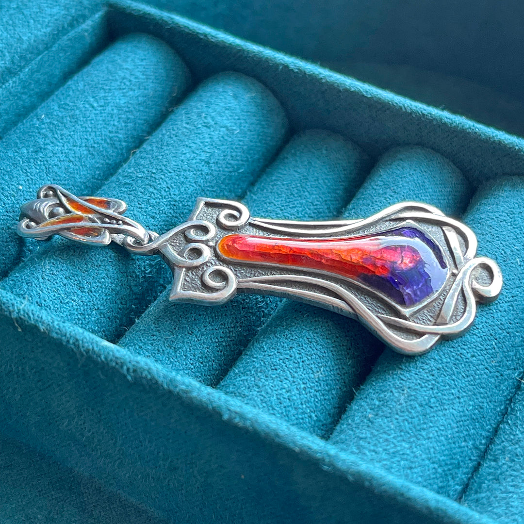 Fiery Arts and Crafts Enamel Pendant in Silver, Circa 1910, England