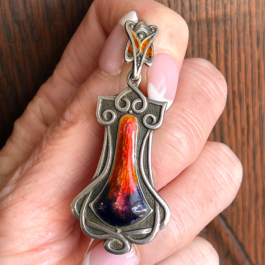 Fiery Arts and Crafts Enamel Pendant in Silver, Circa 1910, England