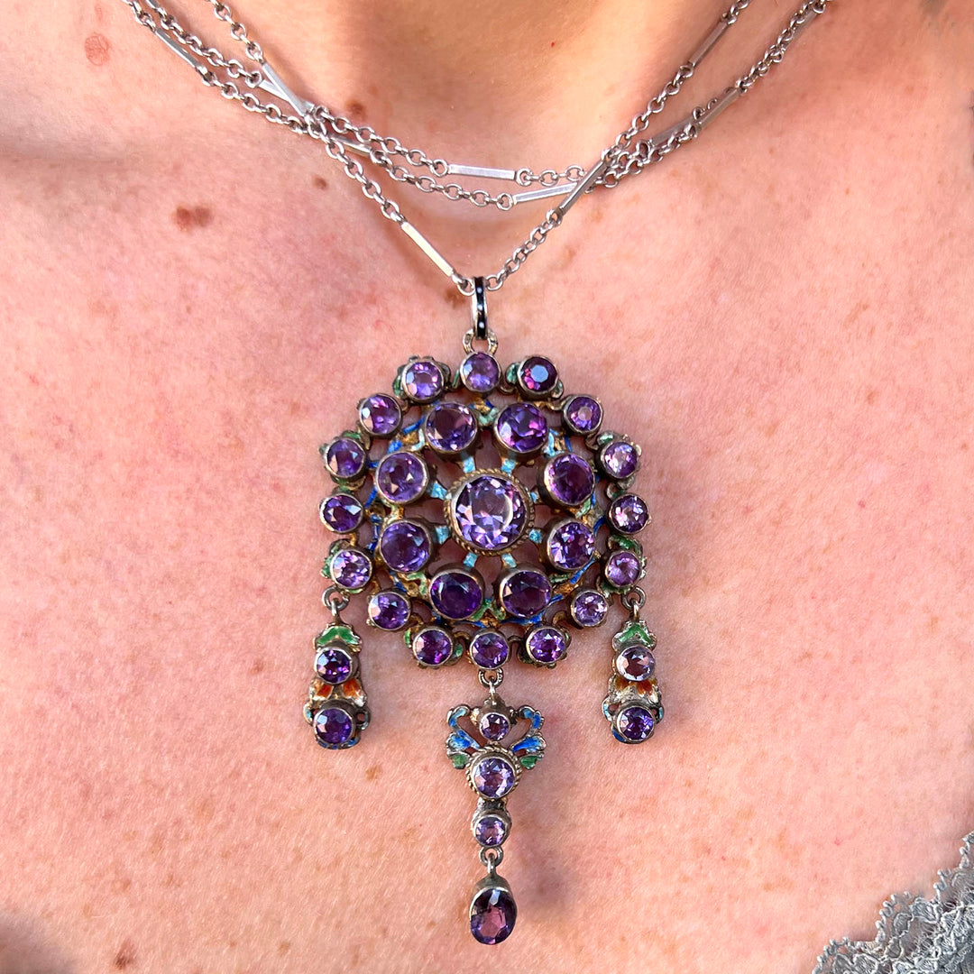 Antique Austro-Hungarian Silver Amethyst Enamel Pendant