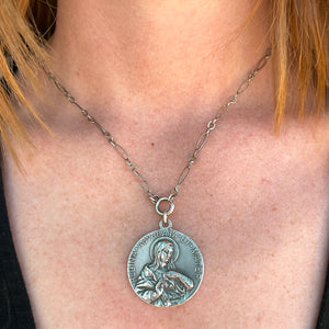 Antique Silver Double Sided Mary and Jesus Medallion Pendant Medal
