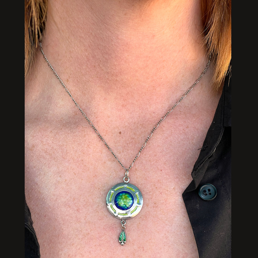 Antique Arts and Crafts Enamel James Fenton Pendant with Chain