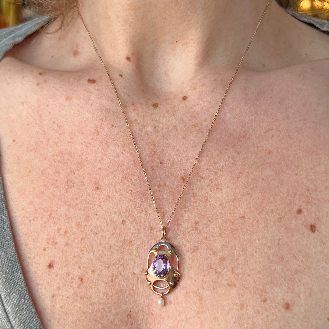 Edwardian Gold Amethyst Pearl Pendant with Chain c.1900