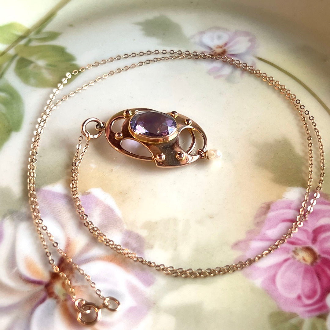 Edwardian Gold Amethyst Pearl Pendant with Chain c.1900