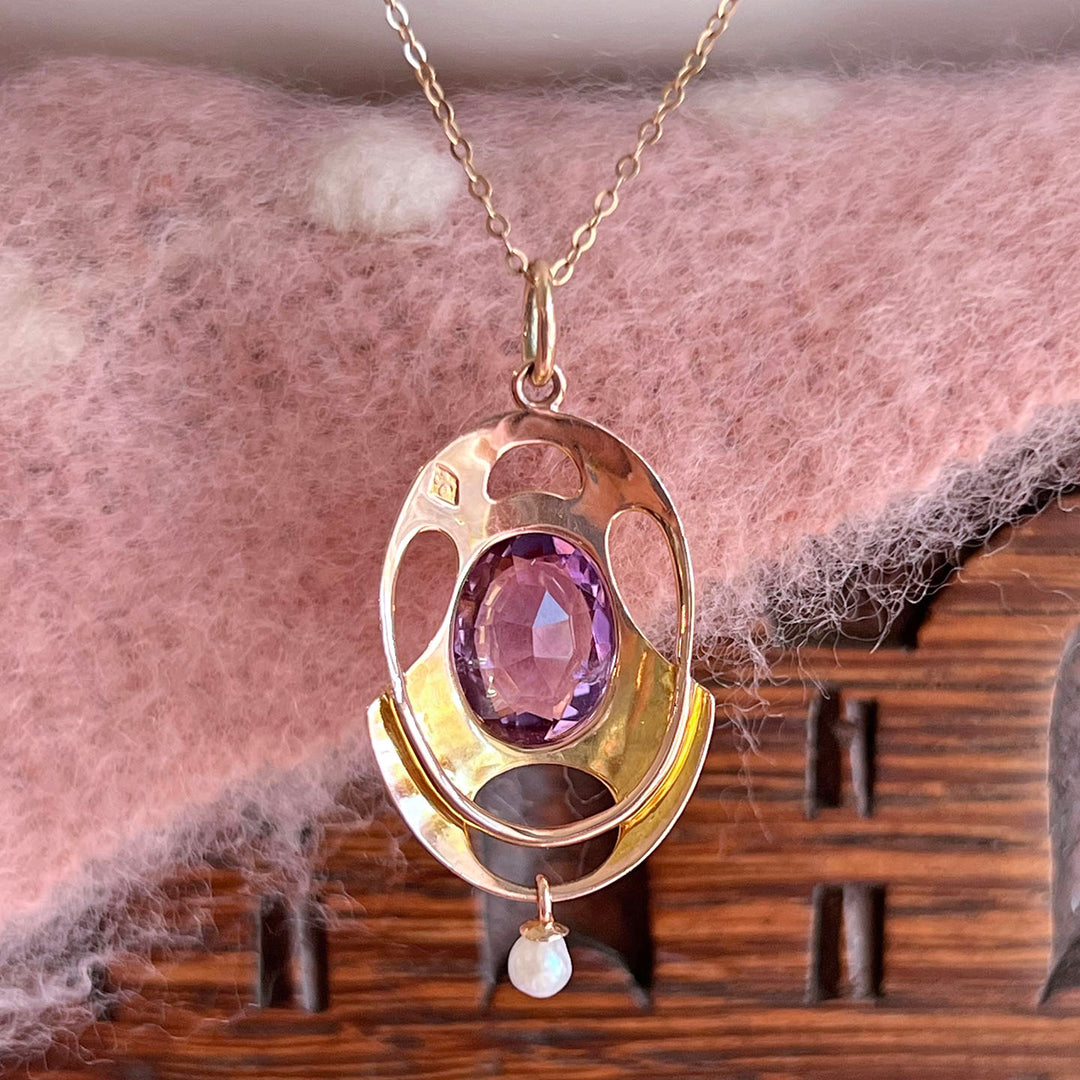 Edwardian Gold Amethyst Pearl Pendant with Chain c.1900