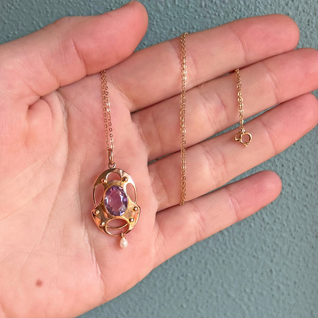 Edwardian Gold Amethyst Pearl Pendant with Chain c.1900