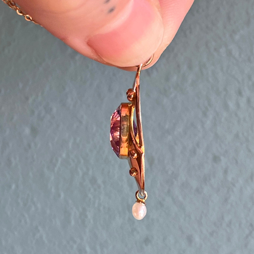 Edwardian Gold Amethyst Pearl Pendant with Chain c.1900