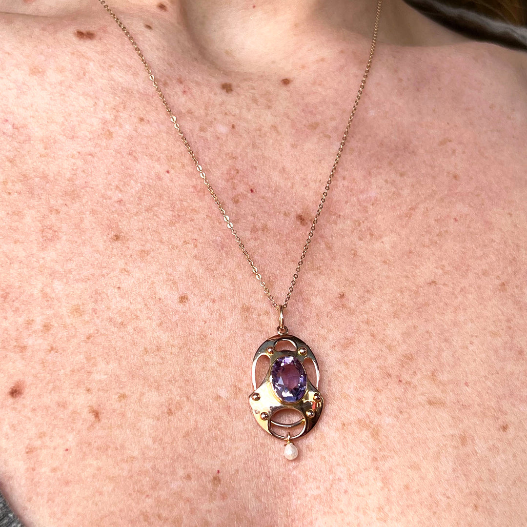 Edwardian Gold Amethyst Pearl Pendant with Chain c.1900