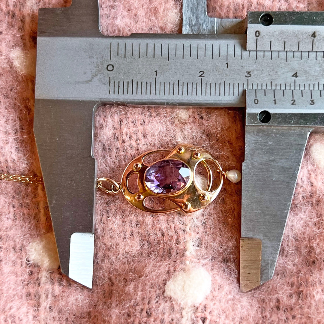 Edwardian Gold Amethyst Pearl Pendant with Chain c.1900