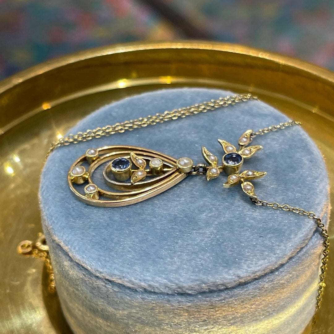 Edwardian 15k Gold Sapphire and Pearl Necklace c. 1910