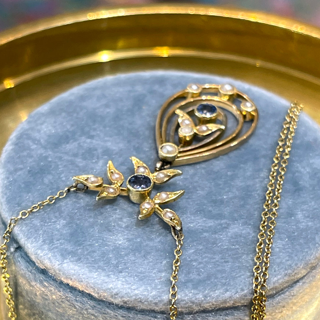 Edwardian 15k Gold Sapphire and Pearl Necklace c. 1910