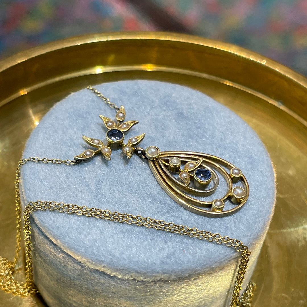 Edwardian 15k Gold Sapphire and Pearl Necklace c. 1910