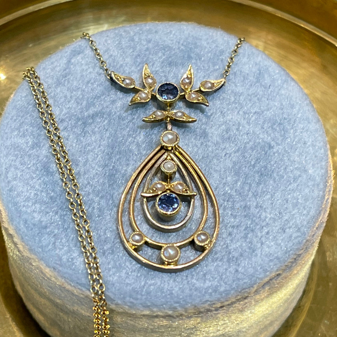 Edwardian 15k Gold Sapphire and Pearl Necklace c. 1910