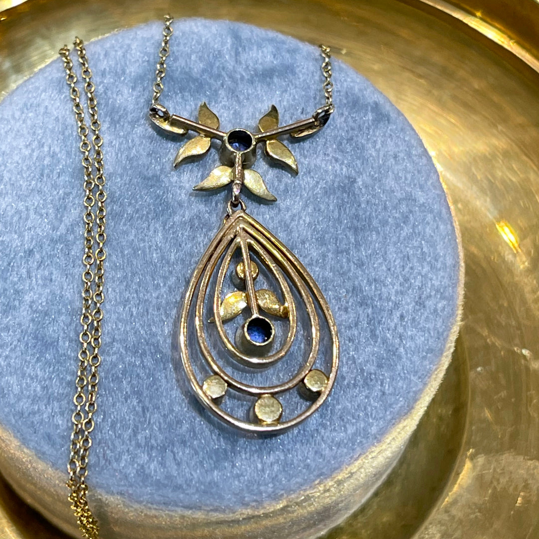 Edwardian 15k Gold Sapphire and Pearl Necklace c. 1910
