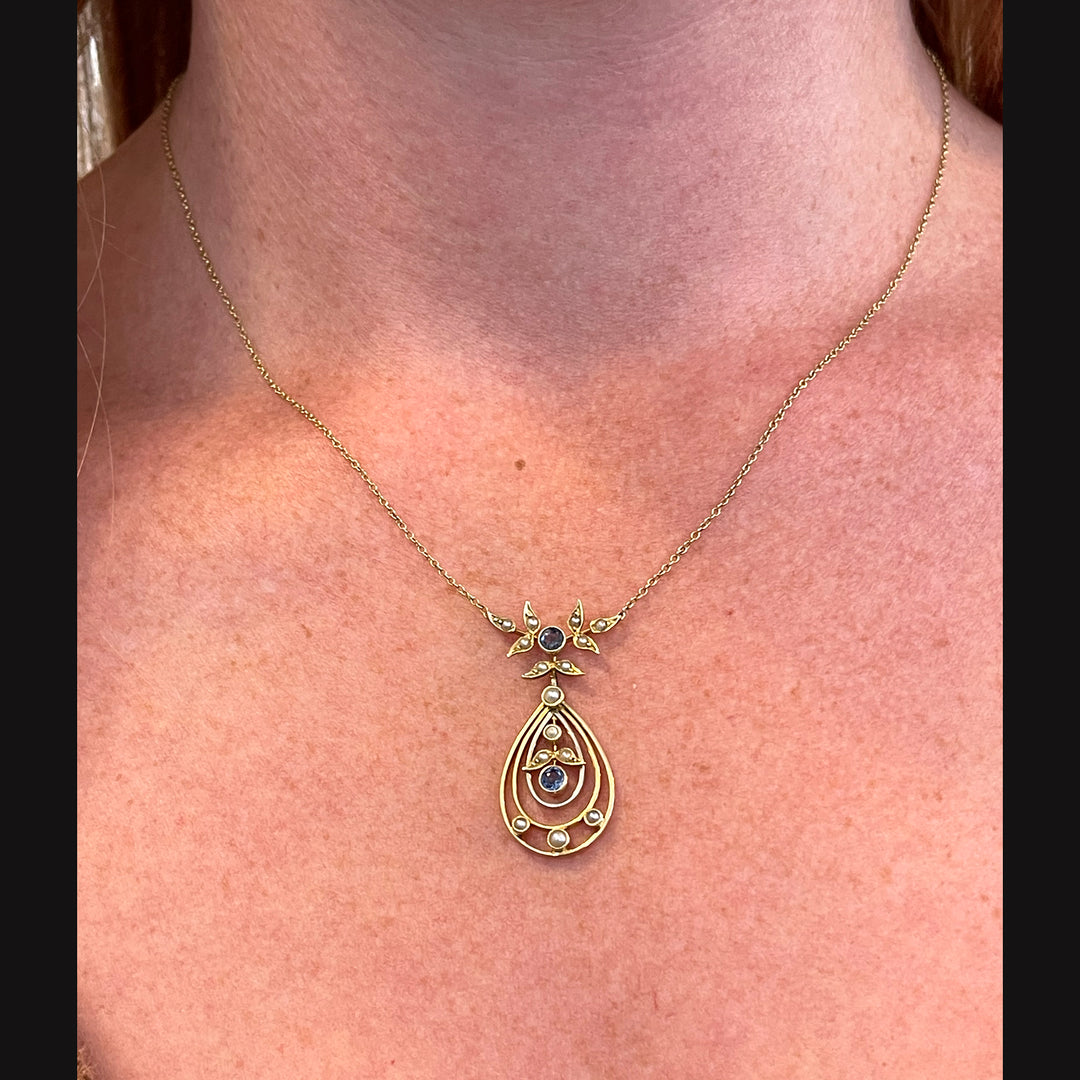 Edwardian 15k Gold Sapphire and Pearl Necklace c. 1910