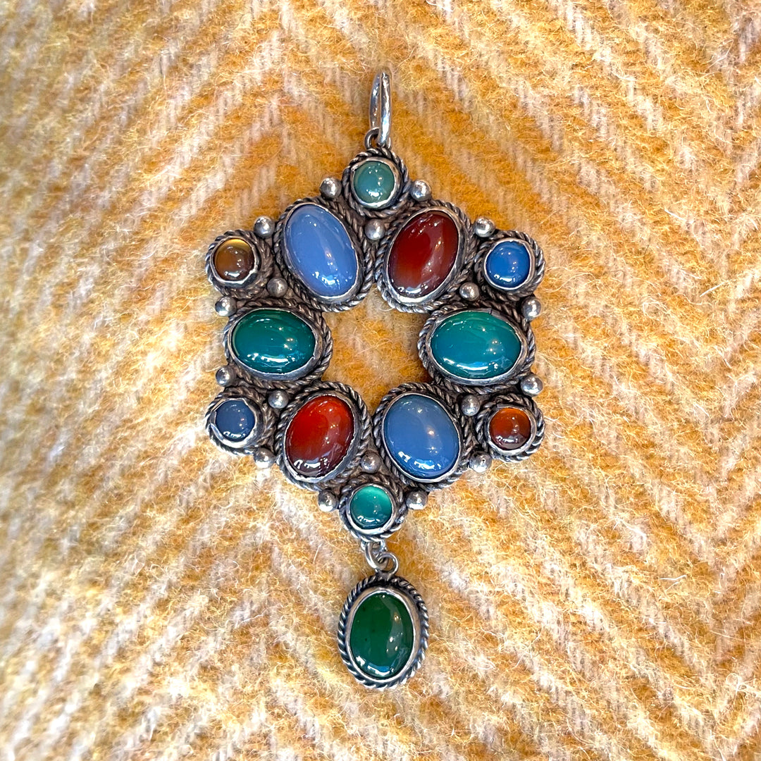 Antiques Silver Multicolor Agate Drop Pendant
